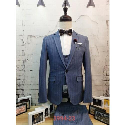 Best mens Wedding suit of 2021 Blue grey Tuxedo men Business formal 3 piece Groomsmen Blazer with Vest and Trouser Vip suit