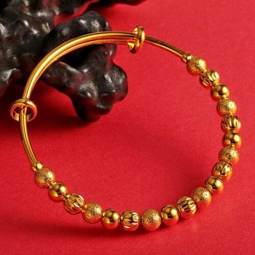 Fashion Classic Transfer Bead Jewelry Yellow Gold Filled Womens Push-pull Bracelet Bangle