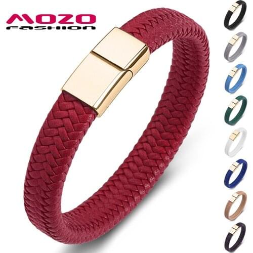 Fashion Punk Men Jewelry Red Braided Leather Bracelet Gold Stainless Steel Magnetic Clasp Women Bangles