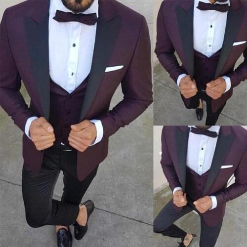 New Arrival One Button Burgundy Groom Tuxedos Groomsmen Peak Lapel Mens Suits Blazers (Jacket+Pants+Vest+Tie) W:1046