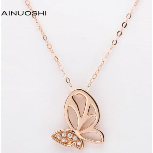 AINUOSHI Hard Gold Craft 18K Rose Gold 0.03ct Real Diamond Butterfly Pendant Necklace for Women Charm Jewelry 18