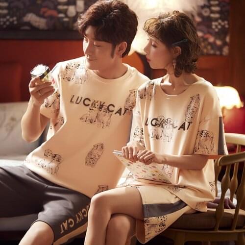 New Summer O-Neck Short Sleeve Couple Pajamas Sets Funny Little Bears Cartoon Women Sleepwear Leisure 100% Cotton Men Homewear