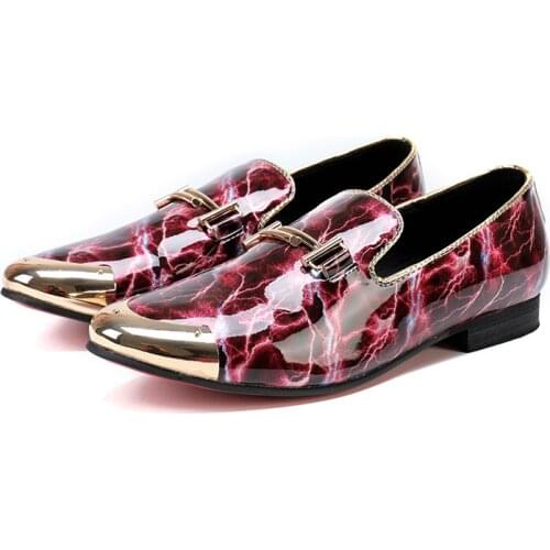 Qianruiti Men Patent Leather Shoes Marble Pattern Flats Gold Metal Toe Slip-on Loafers EU39-EU46 Royal Blue and Red