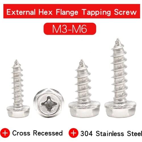 10-80 PCS Cross Recessed External Hex Flange Self Tapping Screw Stainless Steel Hexagon Cap Head Phillips Screw For Woodworking