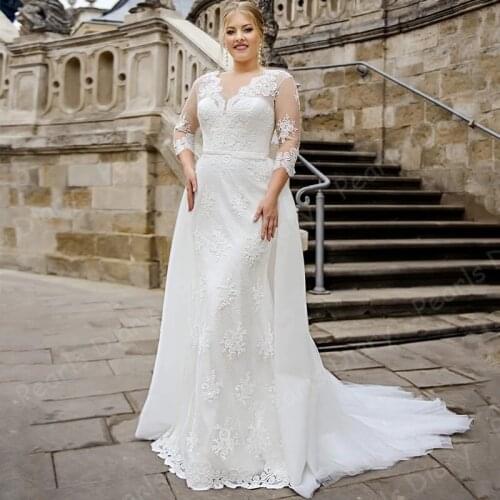 Gorgeous Lace Mermaid Wedding Dresses With 2021 Removable Train Three Quarter V-neck Plus Size Bridal Gowns Lace Up Women Bride