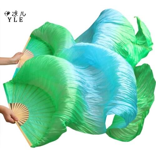 High Quality 100% Real Silk Veils Dance Fans 1 Pair of Belly Dancing Fans Dance Performance Props Green+Turquoise+Green 180x90cm
