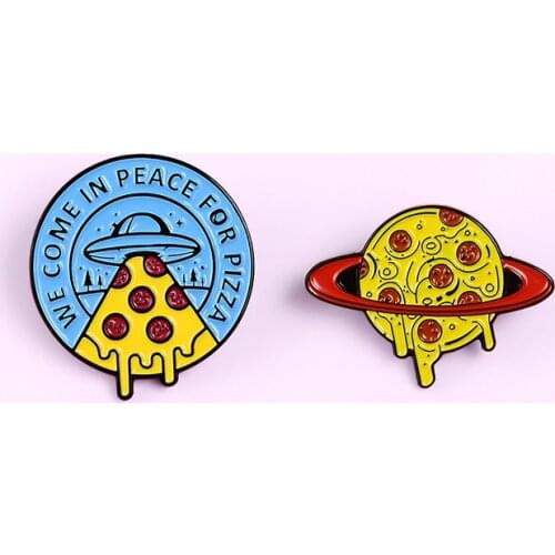 Yellow Striking Exquisite Cosmos Planet Star Brooch UFO Airship Pizza Jam "We Come In Peace For Pizza " Jewelry Badges Gifts