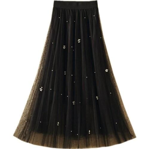 Beading Skirt Women Fairy Sweet Elastic Waist Pure Color Tutu Tulle Faldas Ladies Casual Ball Gown Mid-Calf Mesh Midi Skirts