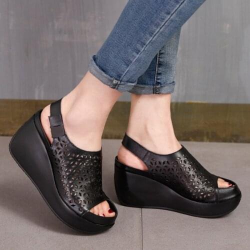 2021 Summer New Hollow Sandals High-Heeled Top Layer Cowhide Thick-Soled Wedge Sandals Elastic Band Women Sandals