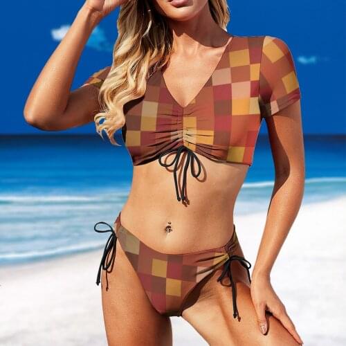 Women 2021 Exotic Bikinis Minimalistic Childs Parchment Check Wallpaper Womens Swimsuit Drawstring Strap Womens Top Check Wom