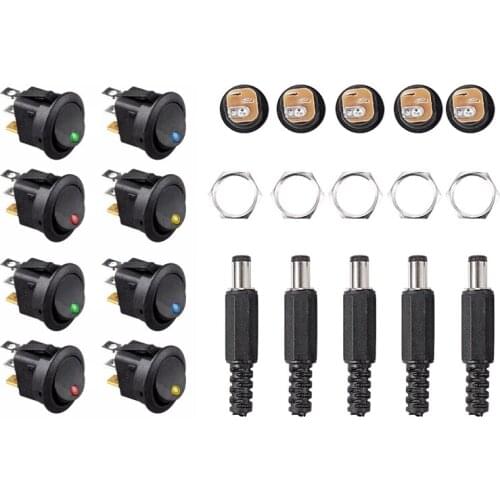 5.5X2.1mm 5Pcs DC Female Jack + 5Pcs Socket Connector Black & 8Pcs LED Dot Light 12V Car Auto Boat Round Rocker ON/OFF TOGGLE SP