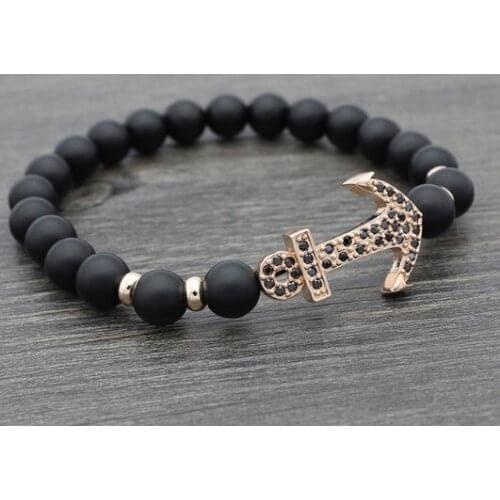 8mm jf 3silver gold copper Anchor micro pave cz zircon cubic zirconia Bracelet black Matte glass bead Buddha Yoga Bangles