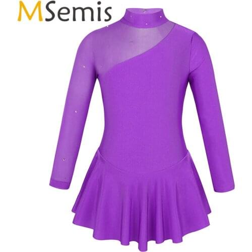 Girls Ballet Dress Ice Skating Roller Skating Dress Long Sleeves Mock Neck Tulle Splice Cutouts Back Figure gymnastic Leotards
