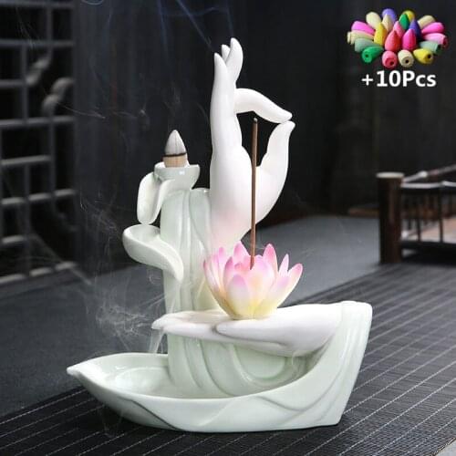 White Ceramic Incense Censer Buddha Hand Backflow Incense Burner for incense sticks Ceramic Home Decor for Christmas Gifts