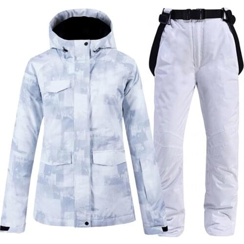 White Womens & Mens Snow Suit Wear Snowboard Clothing Set Winter Waterproof Costumes Outdoor Skiing Jackets and Bib Belt Pants