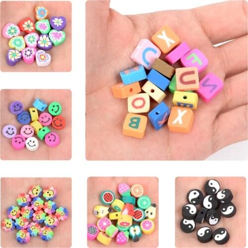 30pcs 10mm Smiley/Fruit/Animal Printing Beads Polymer Clay Beads Mixed Color DIY Polymer Clay Spacer Beads For Jewelry Making