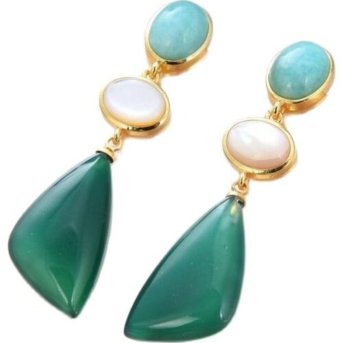 GG Jewelry geometric Natural Green stone Green Peruvian Amazonite White Shell gold color plated Stud Earrings vintage style