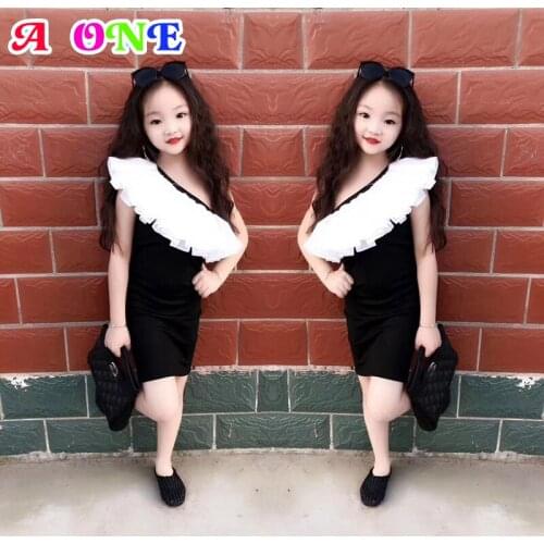 Summer tutu dress kids dresses for girls vestidos for baby fashion diagonal collar ruched clothing for girls 2T to 12T yrs