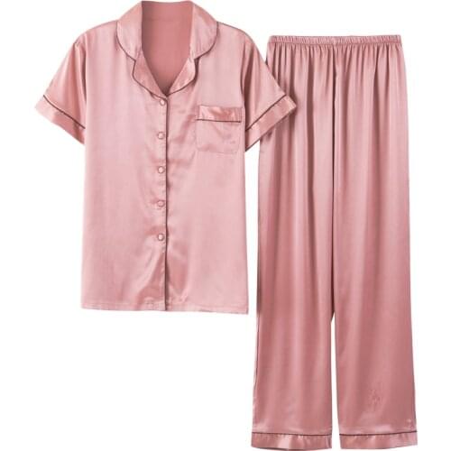 Summer Pajamas For Women Sleepwear Silk Pyjamas Womens Short Sleeve Nightwear Short Tops+Long Pants 2Pcs Set Pyjama Femme