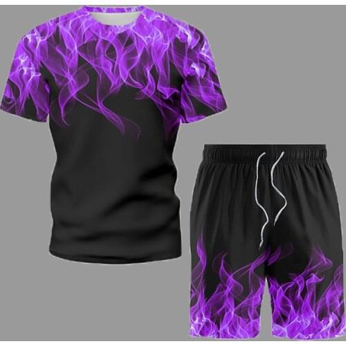 Summer Short Sleeves Casual Mens Set Purple Flame T Shirt and Beach Shorts Snug 2 Piece Fitness Jogging Quick Dry Sportswear