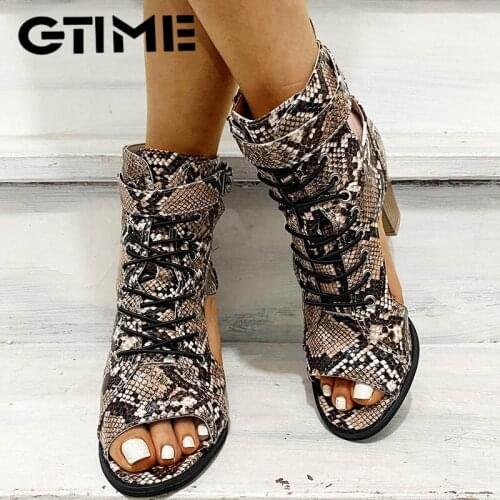 Fashion Lace Up Gladiator Sandals Women Shoes Peep Toe Thick High Heels Snake Printed Summer Female Square Heel #SJPAE-330