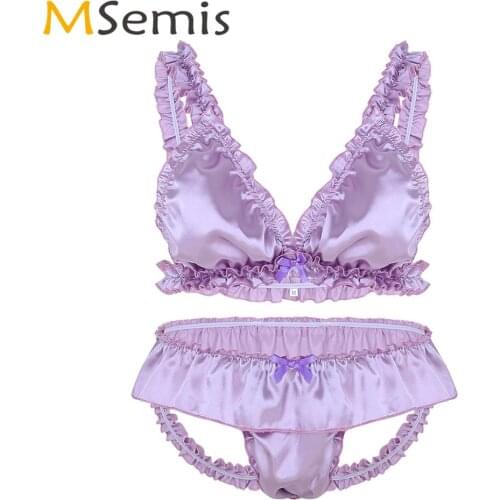 Mens Sexy Baby Doll Nightwear Sets Wetlook Satin Frilly Ruffled Sissy Bikini Bra+Open Butt Panties Gay Male Kawaii Lingerie Set