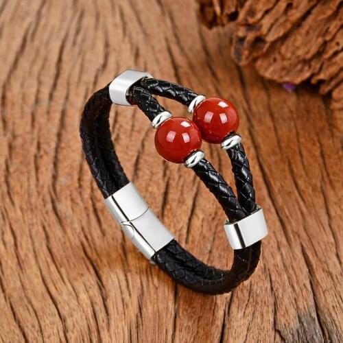 12 Style Round Beads Mens Jewelry Charm Double Leather Bracelets For Men 2020 New Design Stainless Steel Stone Bracelet Jewelry
