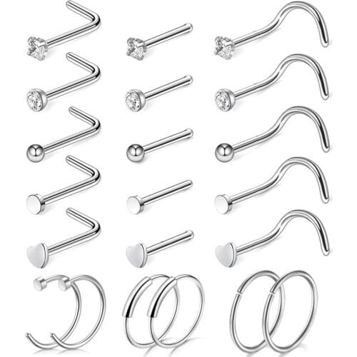 5-21pcs L Shape Nose Stud Lip Ring Nostril Stainless Steel Hoop Septum Piercing Kit Cartilage Earring Set Women Body Jewelry 20G