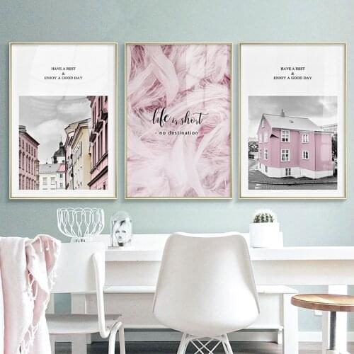 Nordic Pink feather flower wall art canvas Posters Prints Landscape building Pictures Living Room morden print Unframed Poster