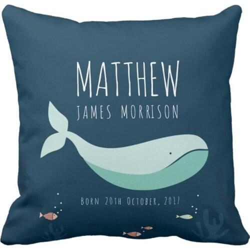 Custom Whale Baby Birth Announcement Cotton Polyester Pillow Cover Home Decorative Cushion Covers for Sofa Square Pillow Case