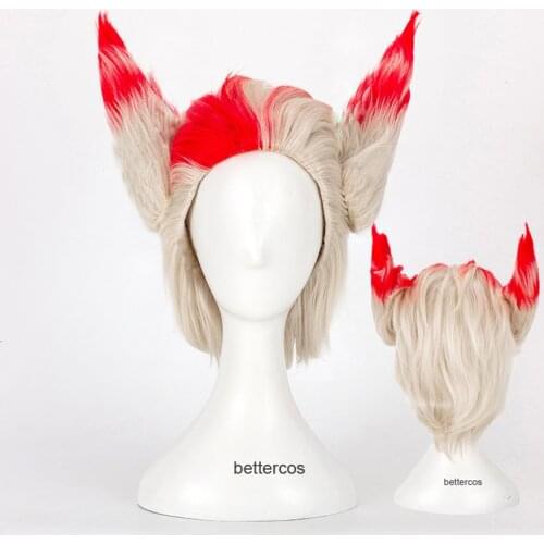 LOL Rakan Cosplay Wig 30cm Silver Mix Red Heat Resistant Synthetic Hair Wig + Wig Cap + Two Ears women men Halloween props