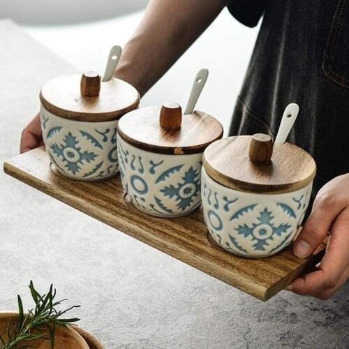 Embossed Ceramic Seasoning Pot European-Style Household Kitchen Wooden Combined Seasoning Pot with Spoon