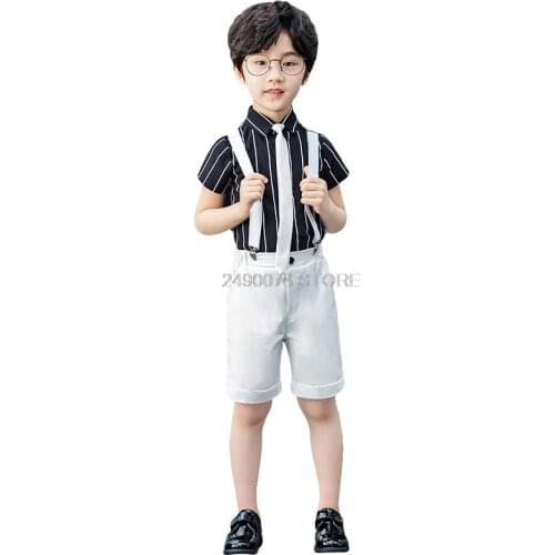 Boys School Uniform Kids Formal Strap Shirt+Shorts+Bowtie Clothing Set Children Wedding Birthday Dress Piano Performance Costume