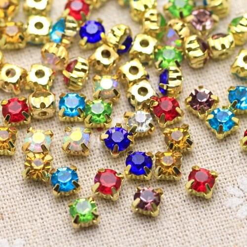 SS30 6mm Round Sew on Rhinestones With Gold claw Flatback Mix Color 100pcs Glass Rhinestone DIY clothing Shoes Wedding dress
