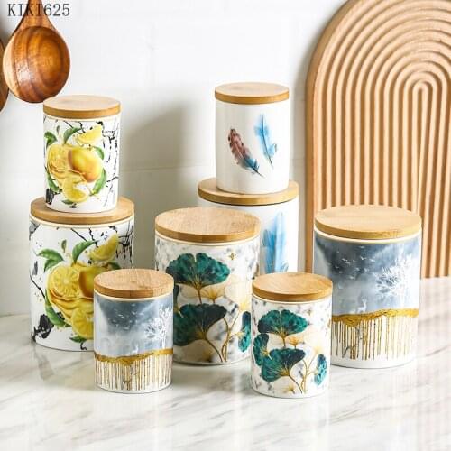 Creative Color Flower Leaf Ceramic Storage Jar with Wooden Lid Household Candy Food Storage Jar Container Kitchen Nut Tea Tin