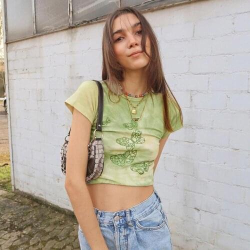 Y2k Vintage Green Crop Top E-girl Aesthetic T Shirt Short Sleeve O Neck Pullovers Women Harajuku Cute Tee Streetwear Retro 90s