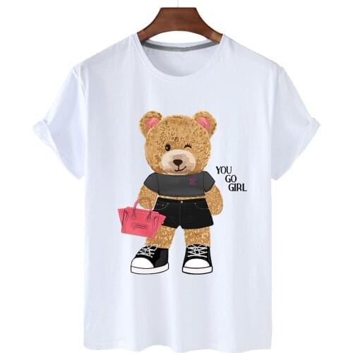 High Quality Shoulder Bag Beautiful Bear Cotton Cartoon Print Short Sleeve 0-neck Loose T-shirt Female Plus Size T-shirt S-3xl