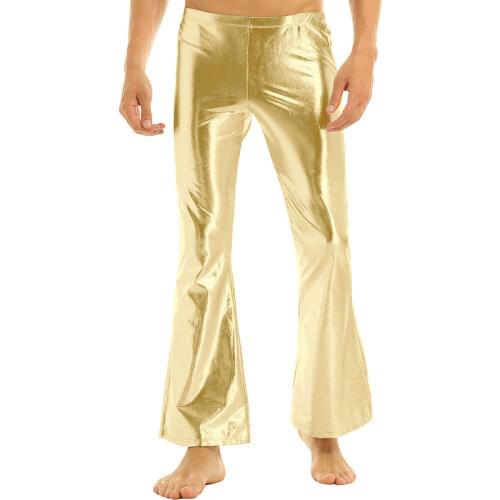 Adult Mens Moto Punk Style Party Pants Shiny Metallic Disco Pants with Bell Bottom Flared Long Pants Dude Costume Trousers