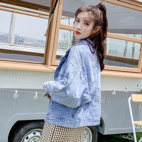 Hot Sale Womens Solid Fashion Female Denim Jacket Blue Bat Long Sleeve Jeans Jacket Loose Casual Short Denim Coat Tops Hot