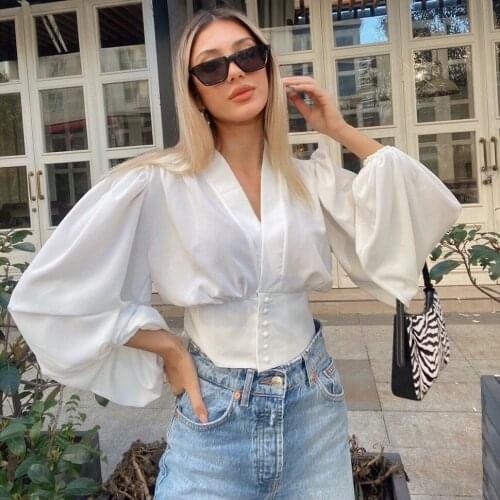 2021 Za womens elegant white decorative button fold short top solid V-neck elastic waist retro long sleeve fashion womens top