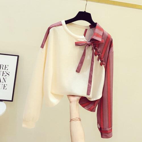 Striped Stitching Sweater Women 2021 Spring and Autumn New Korean Version Loose Fake Two-piece Shirt Irregular Long Sleeves