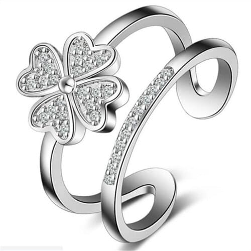 Fashion four-leaf clover ring white zircon double-layer ring womens sterling silver jewelry open sterling silver ring