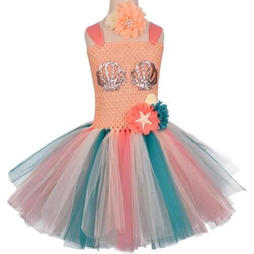 Girls Mermaid Tutu Dress With Flower Headband Set Baby Under the Sea Theme Birthday Party Dress Costume Fancy Flower Girls Tutu
