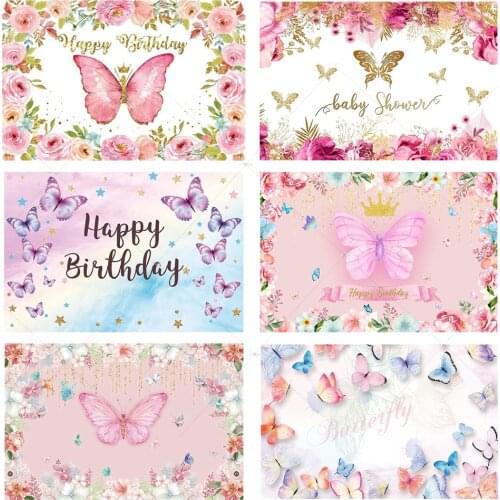 Watercolor Butterfly Happy Birthday Backdrop Girl Decoration Butterflies Pink Flowers Floral Baby Shower Background Photo Shoot