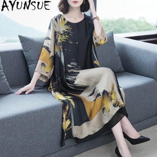 AYUNSUE 2021 Silk Dress Women Summer Long Floral Plus Size Dress Woman Casual Vintage Ladies Dresses Elegant Party Vestido J6625