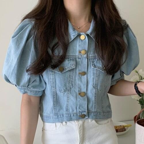 Vintage Puff Sleeve Women Denim Blouse Square Neck Korean Style Tops Elegant blue jean retro Slim Crop Blouse Women