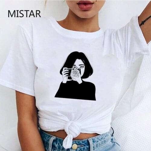 Black and white Print Vintage t shirt women Short Sleeve Cute T-shirt Women Casual harajuku Tshirt Fashion White Top Tee Female