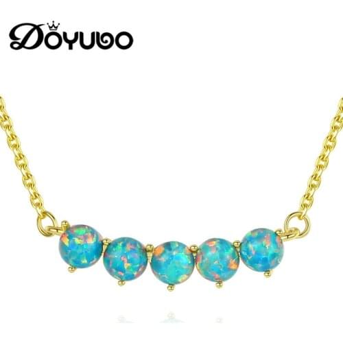 DOYUBO Beauty 925 Sterling Silver Blue Opal Long Pendant Necklace Women Gold Color Opal Charms Chain Fashion Party Jewelry VA242