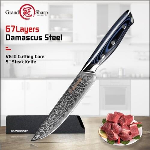 Grandsharp Steak Knife VG10 Japanese Damascus Stainless Steel Utility Pizza Kitchen Tools Chef Cutlery Table Knife G10 Handle