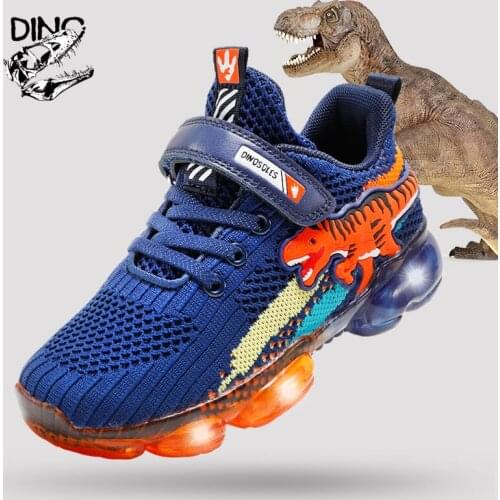 DINO Autumn 2-7Y Children Boys T-Rex LED Blinking Shoes 2021 New Mesh Breathable Kids Flashing Light Casual Sport Sneakers
